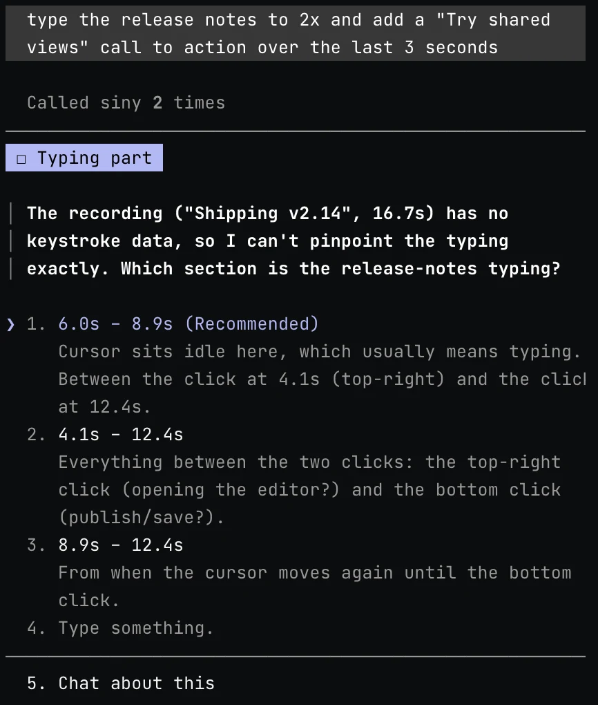 Claude Code in the Siny terminal, asking which part of the recording is the typing before speeding it up