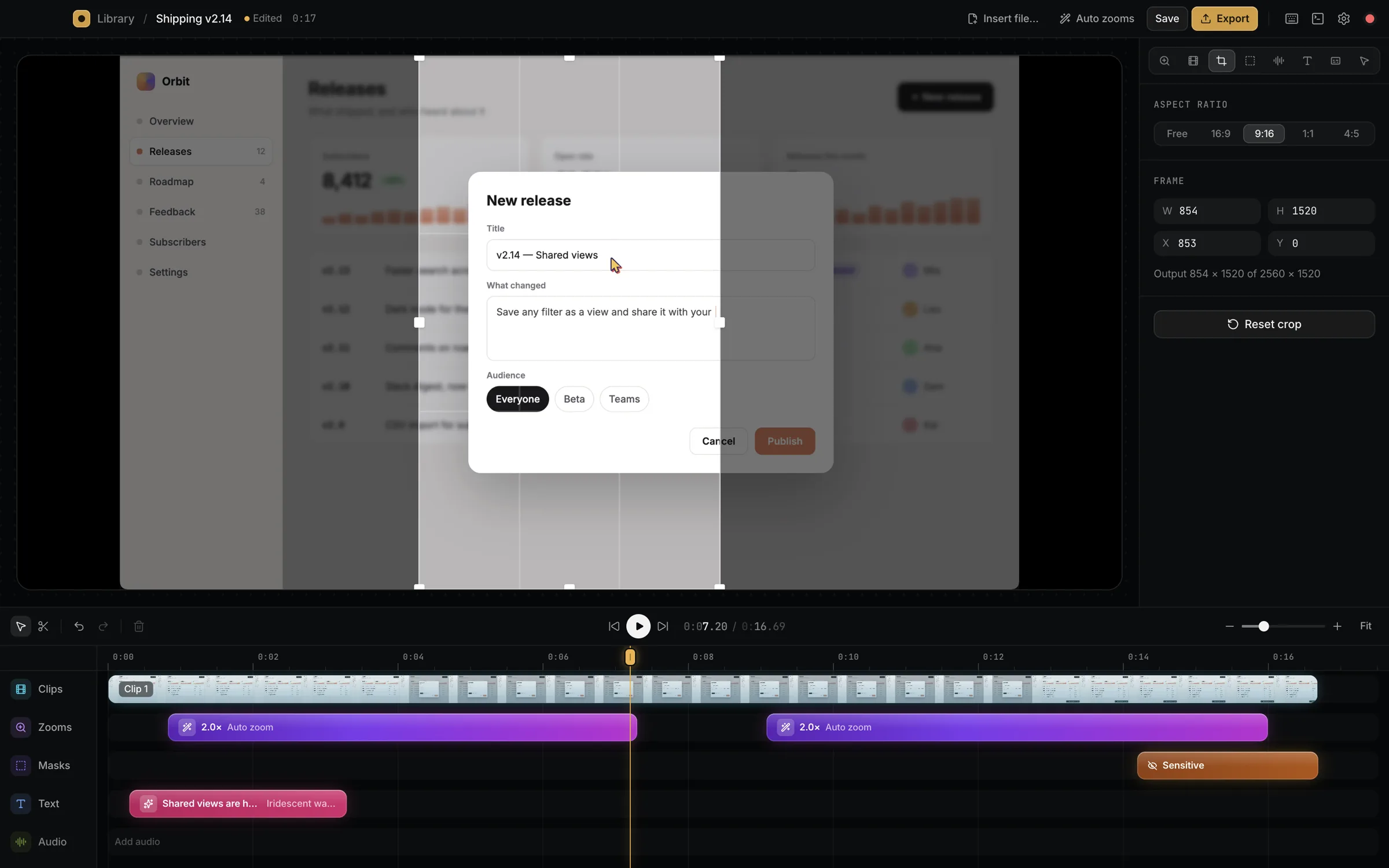 Crop set to 9:16 over the recording