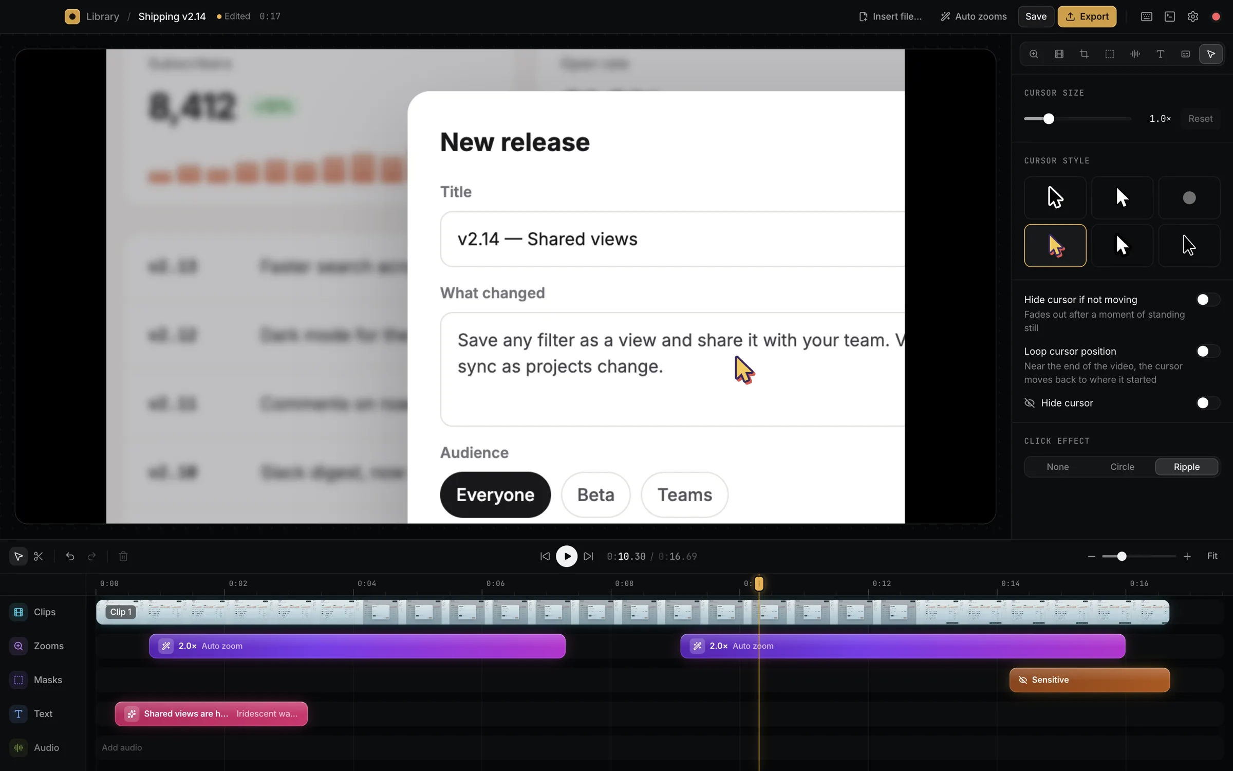 Cursor settings with the Sunny style and ripple clicks