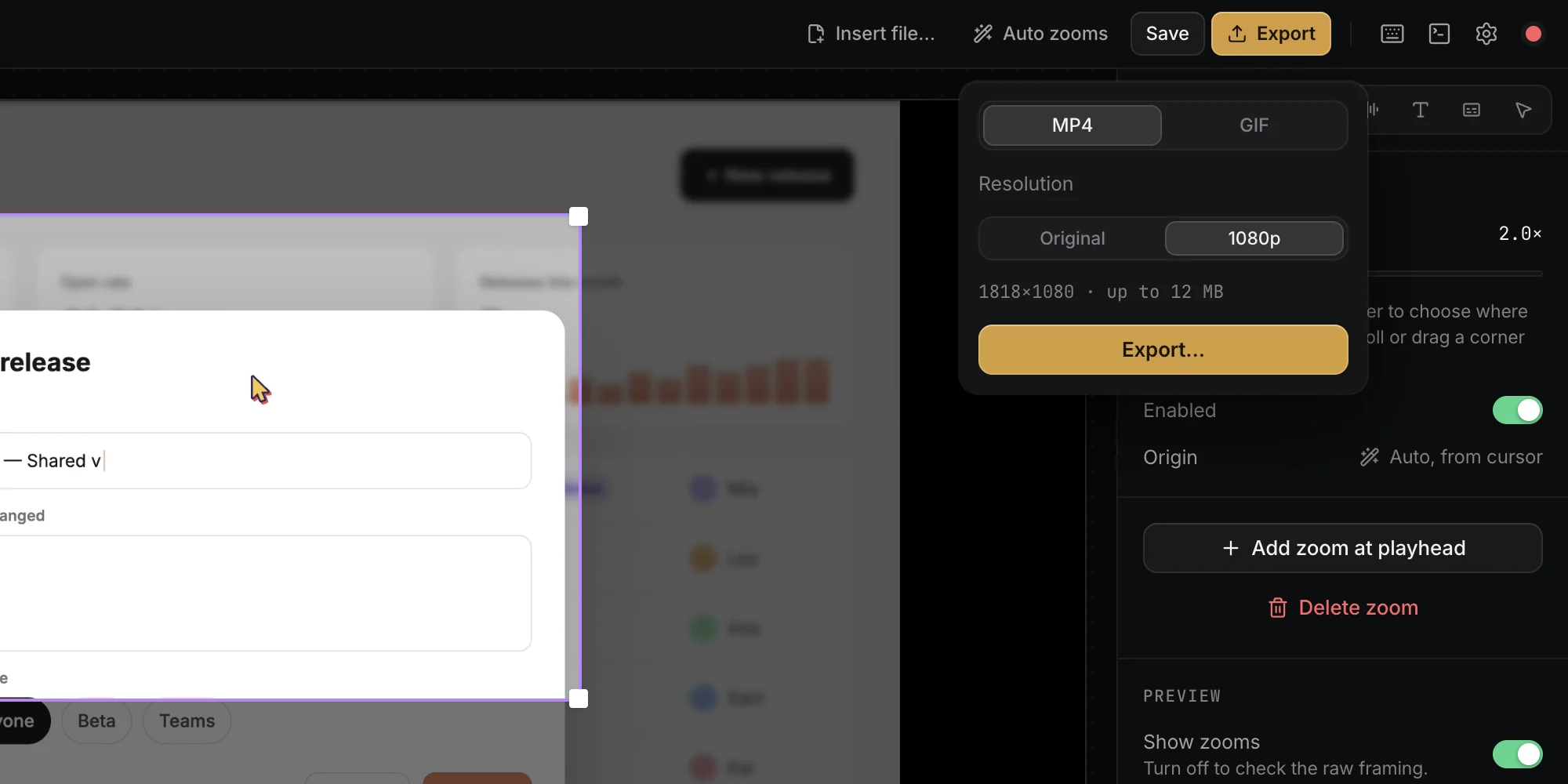Export popover with MP4 and GIF, original or 1080p